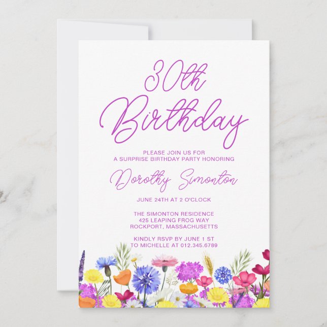 SURPRISE PARTY 30TH Birthday Purple Wildflower Invitation (Front)