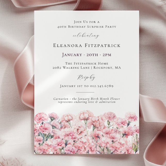 SURPRISE PARTY 40th Birthday Pink Carnation Floral Invitation (Creator Uploaded)