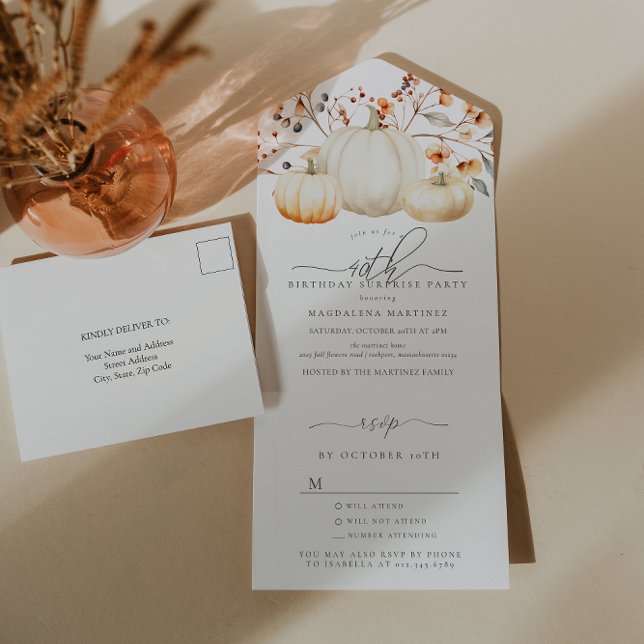 SURPRISE PARTY 40th Birthday Pumpkin Fall Leaves All In One Invitation (Creator Uploaded)