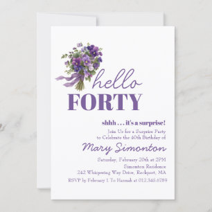 SURPRISE PARTY 40th Birthday Purple Floral Bouquet Invitation