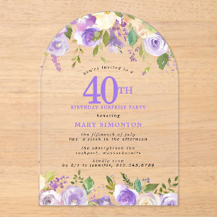 SURPRISE PARTY 40th Birthday Purple Floral Clear Acrylic Invitations