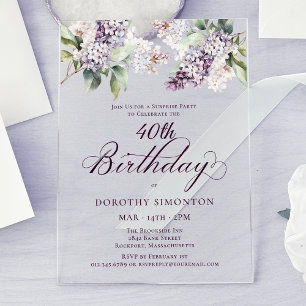SURPRISE PARTY 40th Birthday Purple Lilac Floral Acrylic Invitations