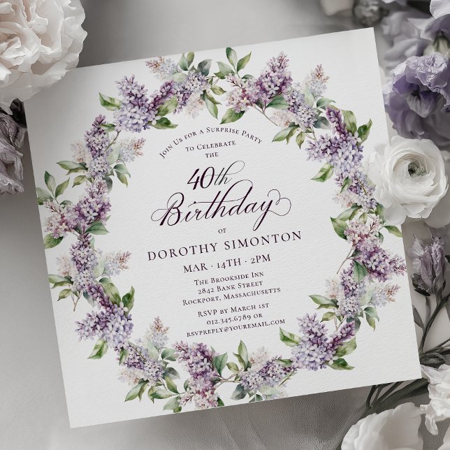 SURPRISE PARTY 40th Birthday Purple Lilac Floral Invitation (Creator Uploaded)