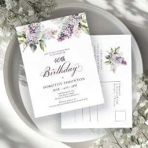SURPRISE PARTY 40th Birthday Purple Lilac Floral Invitation Postcard