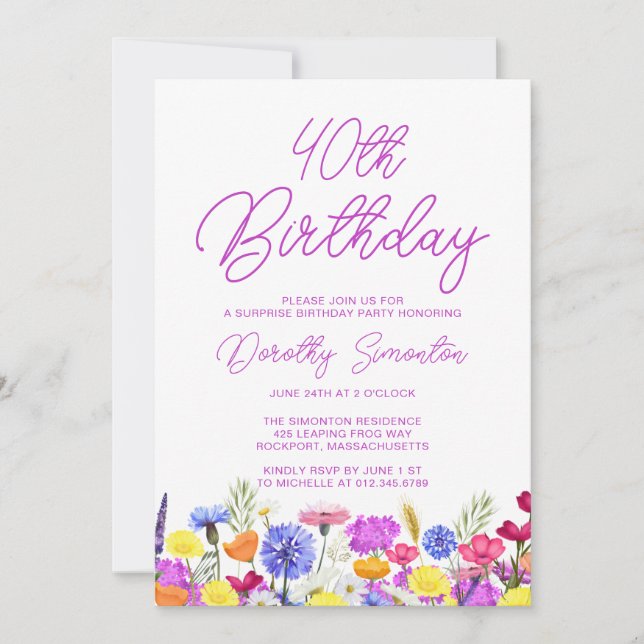 SURPRISE PARTY 40TH Birthday Purple Wildflower Invitation (Front)