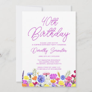 SURPRISE PARTY 40TH Birthday Purple Wildflower Invitation