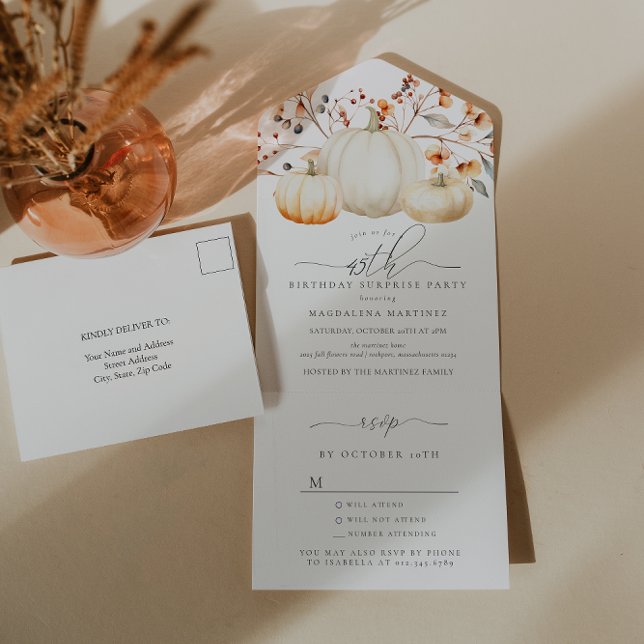 SURPRISE PARTY 45th Birthday Pumpkin Fall Leaves All In One Invitation (Creator Uploaded)