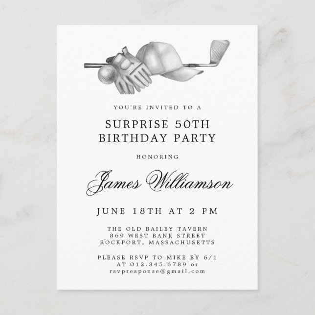 SURPRISE Party 50th Birthday Golf Theme Invitation Postcard (Front)