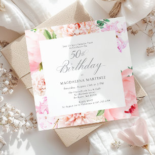 SURPRISE PARTY 50th Birthday Pink Floral Square Invitation