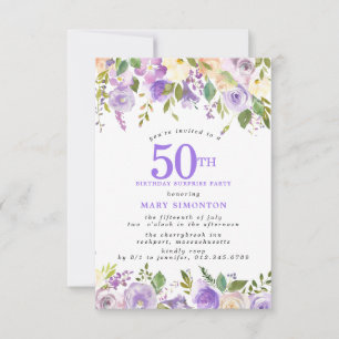 SURPRISE PARTY 50th Birthday Pretty Purple Floral Invitation