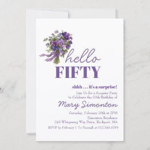 SURPRISE PARTY 50th Birthday Purple Floral Bouquet Invitation