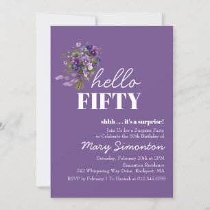 SURPRISE PARTY 50th Birthday Purple Floral Bouquet Invitation