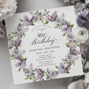 SURPRISE PARTY 50th Birthday Purple Lilac Floral Invitation