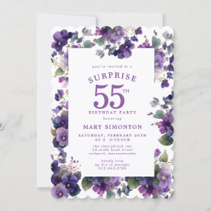 SURPRISE PARTY 55th Birthday Purple Violet Floral Invitation