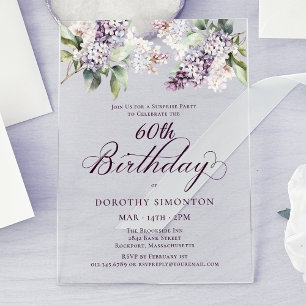 SURPRISE PARTY 60th Birthday Purple Lilac Floral Acrylic Invitations