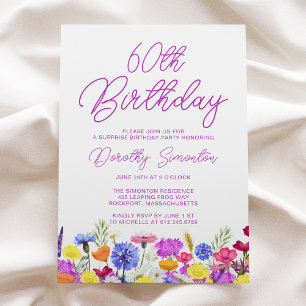 SURPRISE PARTY 60TH Birthday Purple Wildflower Invitation