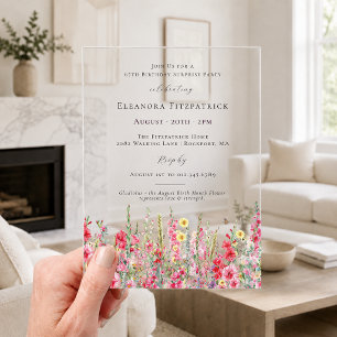 SURPRISE PARTY 65th Birthday August Birth Flower Acrylic Invitations