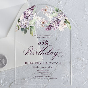 SURPRISE PARTY 65th Birthday Purple Floral Arch Acrylic Invitations