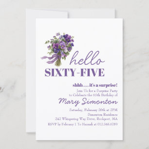 SURPRISE PARTY 65th Birthday Purple Floral Bouquet Invitation