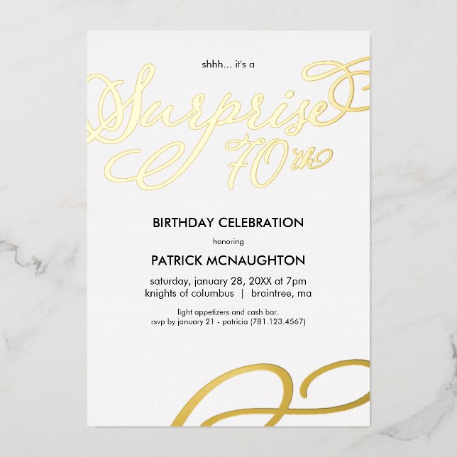 Surprise Party 70th Birthday Gold Foil Invitation (Front)