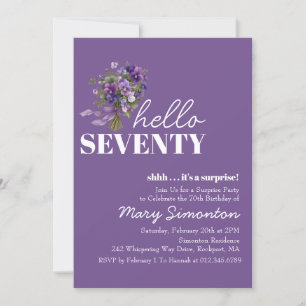 SURPRISE PARTY 70th Birthday Purple Floral Bouquet Invitation