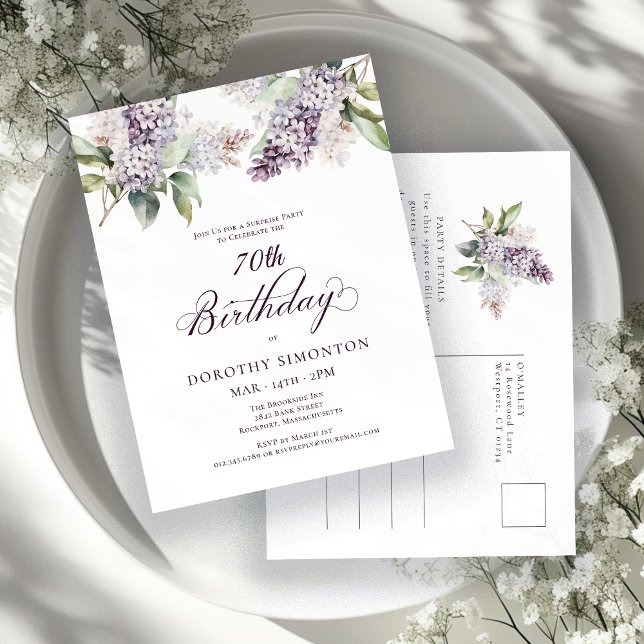 SURPRISE PARTY 70th Birthday Purple Lilac Floral Invitation Postcard (Creator Uploaded)