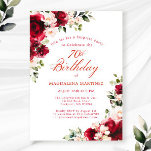 SURPRISE PARTY 70th Birthday Red Pink Floral Invitation