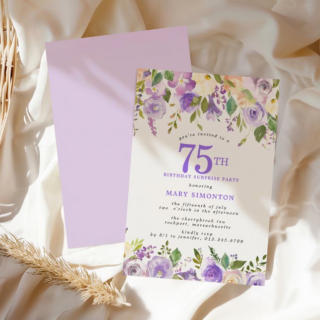 SURPRISE PARTY 75th Birthday Pretty Purple Floral Invitation (Creator Uploaded)