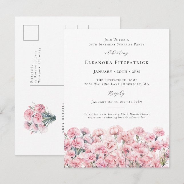 SURPRISE PARTY 75th Carnation January Birth Flower Invitation Postcard (Front/Back)