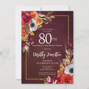 SURPRISE PARTY 80th Birthday Burgundy Fall Flowers Invitation