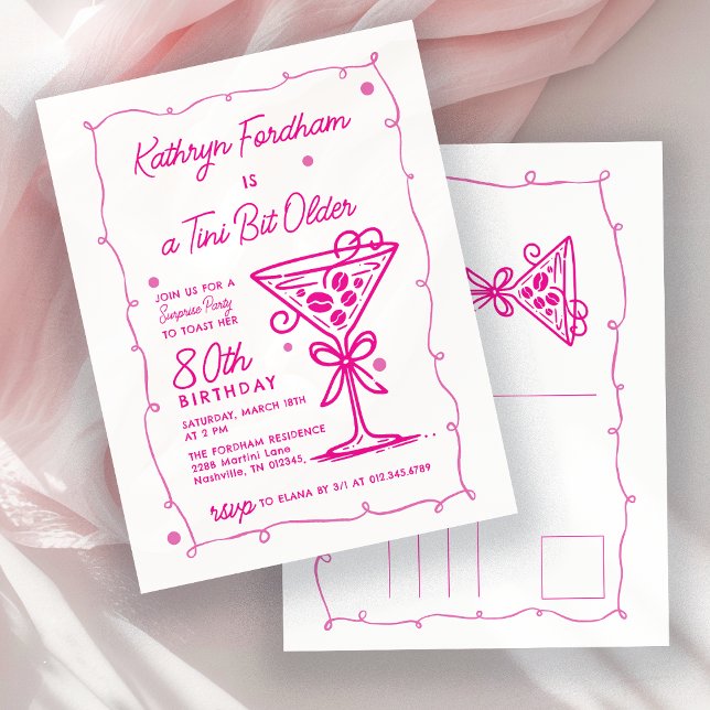 SURPRISE PARTY 80th Birthday Pink Doodle Martini Invitation Postcard (Creator Uploaded)