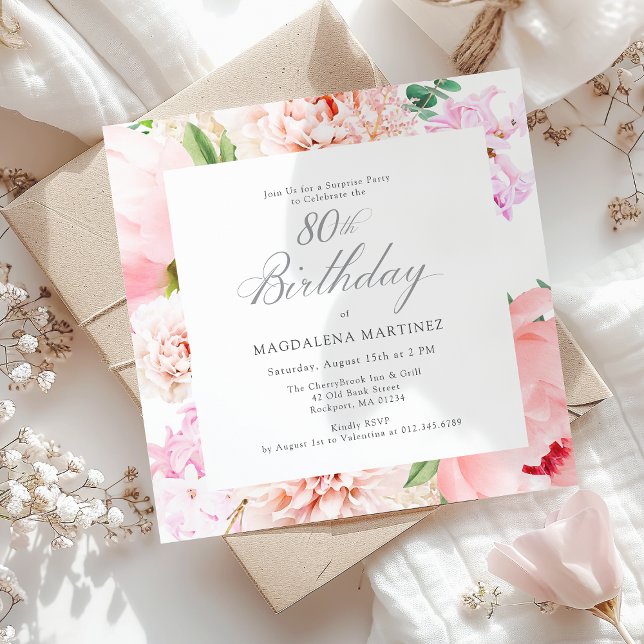 SURPRISE PARTY 80th Birthday Pink Floral Square Invitation (Creator Uploaded)