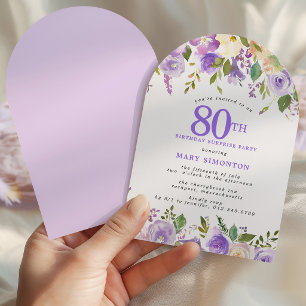SURPRISE PARTY 80th Birthday Purple Floral Arch Invitation
