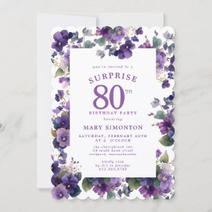 SURPRISE PARTY 80th Birthday Purple Violet Floral Invitation