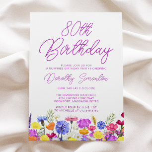 SURPRISE PARTY 80TH Birthday Purple Wildflower Invitation