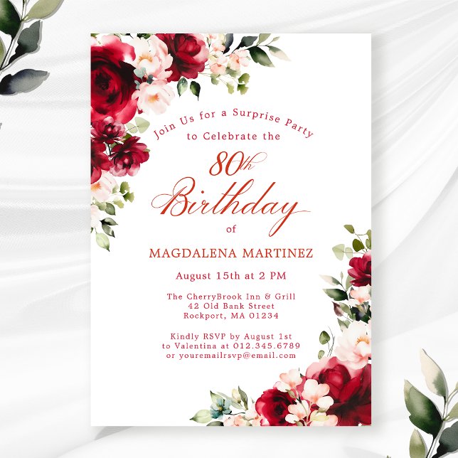 SURPRISE PARTY 80th Birthday Red Pink Floral Invitation (Creator Uploaded)