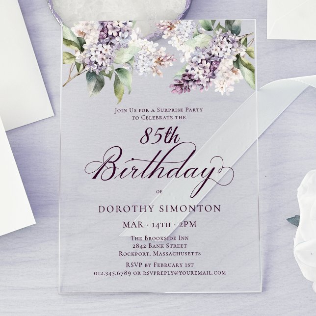 SURPRISE PARTY 85th Birthday Purple Lilac Floral Acrylic Invitations (Creator Uploaded)