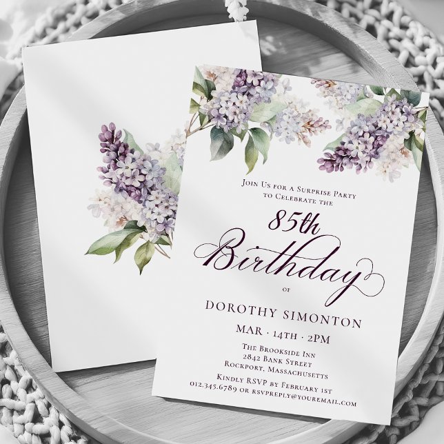  SURPRISE PARTY 85th Birthday Purple Lilac Floral Invitation (Creator Uploaded)