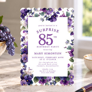 SURPRISE PARTY 85th Birthday Purple Violet Floral Invitation