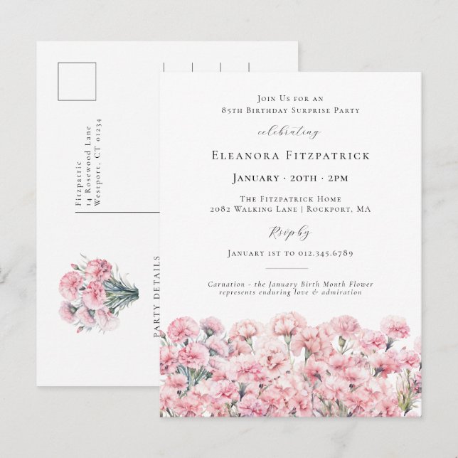 SURPRISE PARTY 85th Carnation January Birth Flower Invitation Postcard (Front/Back)