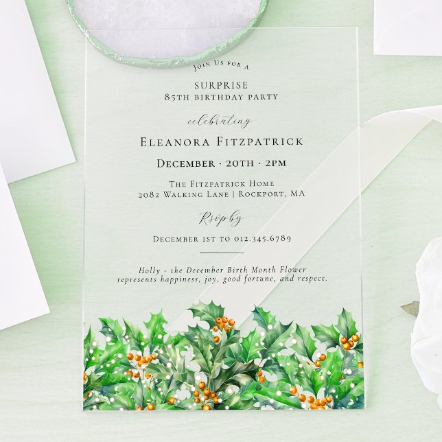 SURPRISE PARTY 85th Holly December Birth Flower Acrylic Invitations (Creator Uploaded)
