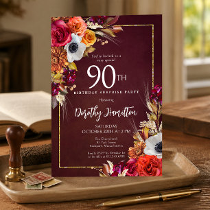 SURPRISE PARTY 90th Birthday Burgundy Fall Flowers Invitation