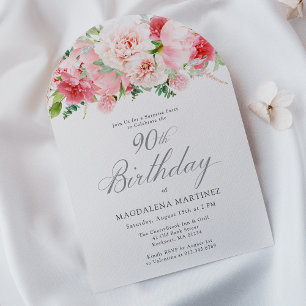 SURPRISE PARTY 90th Birthday Elegant Pink Peony Invitation