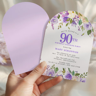 SURPRISE PARTY 90th Birthday Purple Floral Arch Invitation
