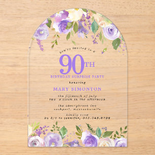 SURPRISE PARTY 90th Birthday Purple Floral Clear Acrylic Invitations