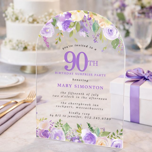 SURPRISE PARTY 90th Birthday Purple Floral Clear Acrylic Invitations (Creator Uploaded)