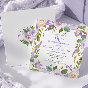 SURPRISE PARTY 90TH Birthday Purple Floral Square Invitation