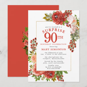 SURPRISE PARTY 90th Birthday Red Pink Rose Invitation