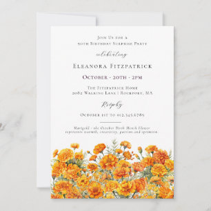 SURPRISE PARTY 90th Marigold October Birth Flower Invitation