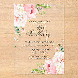 SURPRISE PARTY 95th Birthday Pink Peony Floral Acrylic Invitations